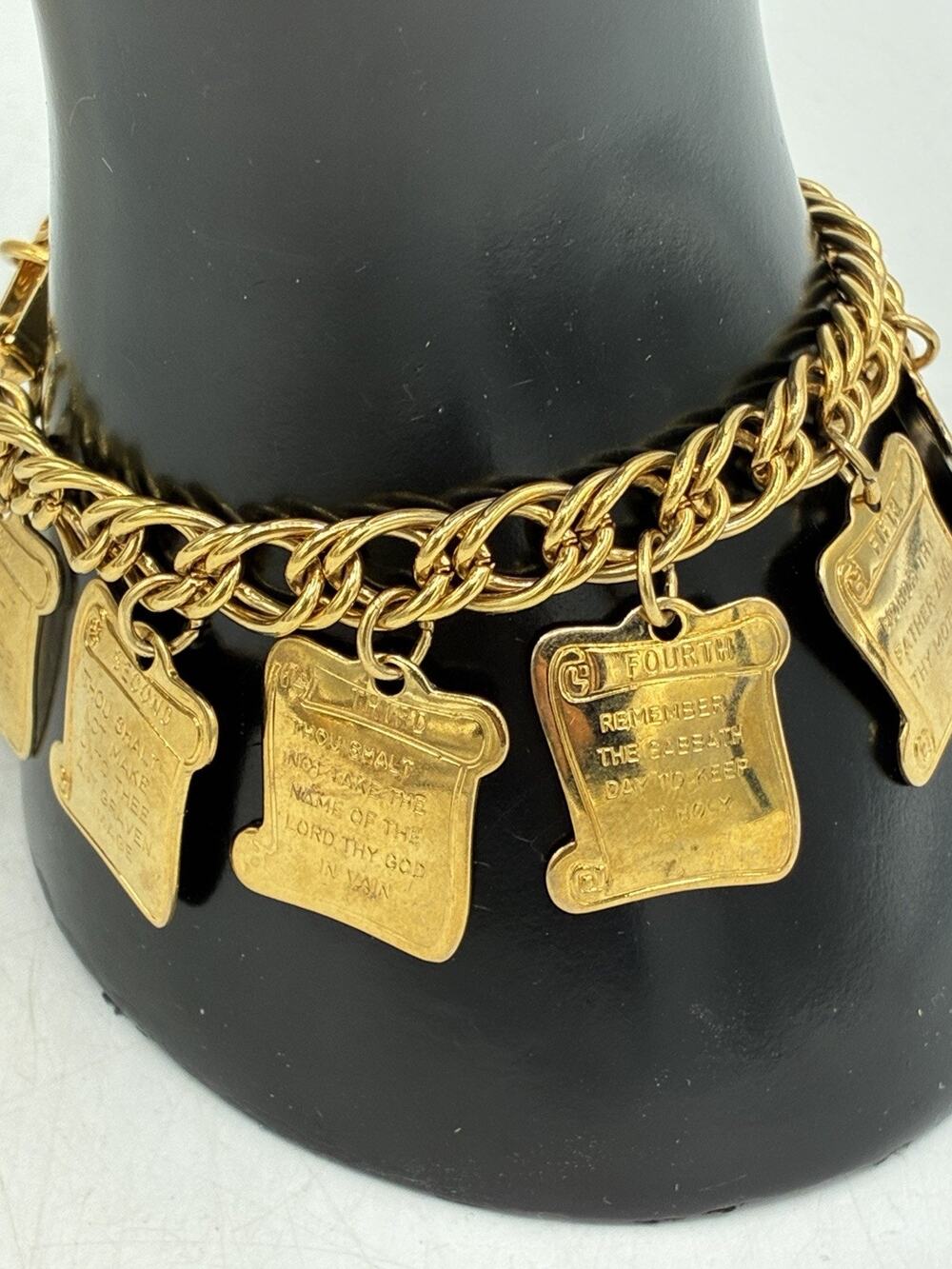 Vintage Ten Commandments Charm Bracelet Gold Tone Scroll Tablet Charms Religious